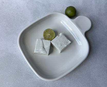 Handcrafted Key Lime marshmallows on a white ceramic plate with fresh lime slices on a light gray stone surface. Two marshmallows showcase their soft, fluffy texture and delicate green color.